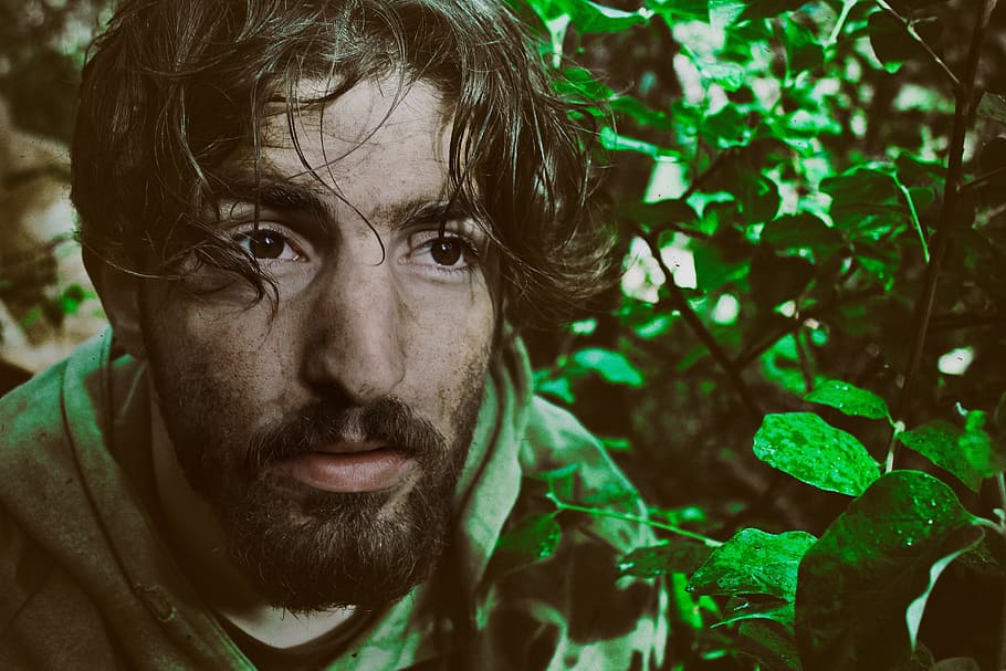 man, green, hoodie, leaf plants, war, nature, survival, life, struggle, portrait