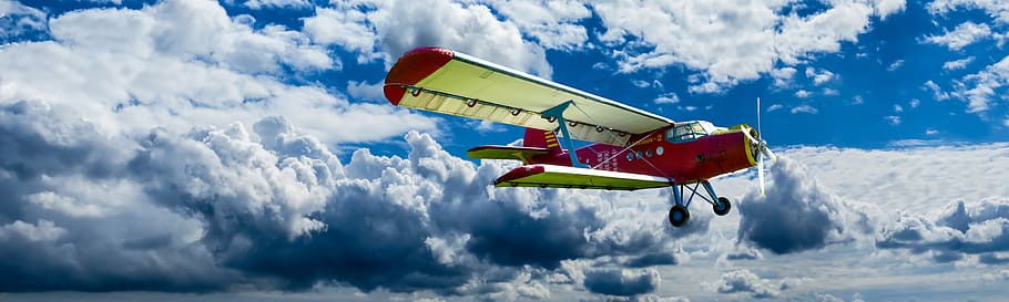 yellow, red, plane, flying, white, clouds, aircraft, propeller, wing, fly