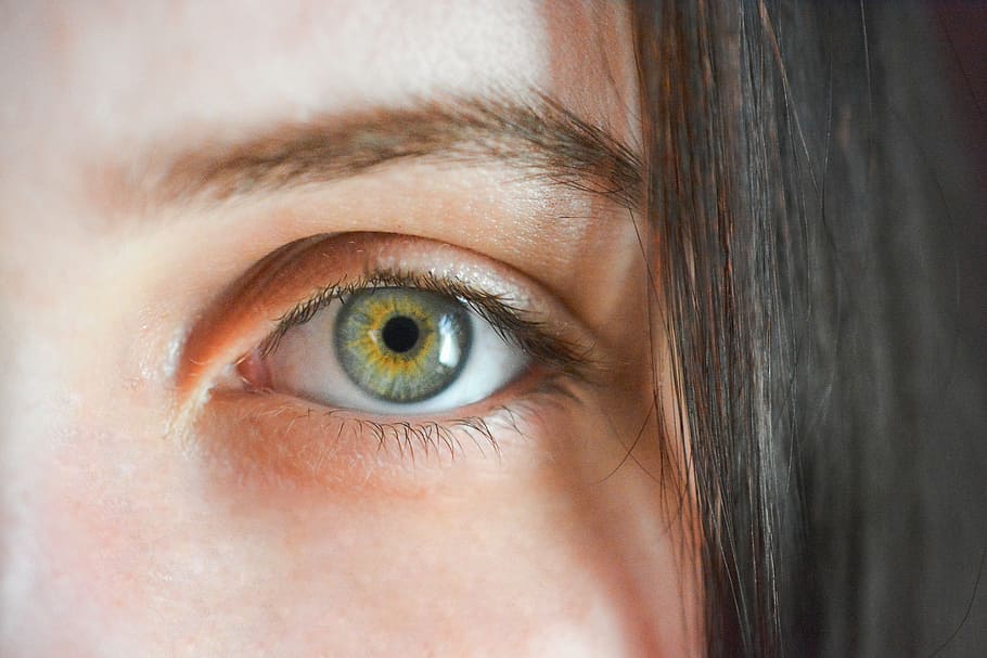 close-up photo, green, yellow, human, left, eye, black, hair, iris, algae