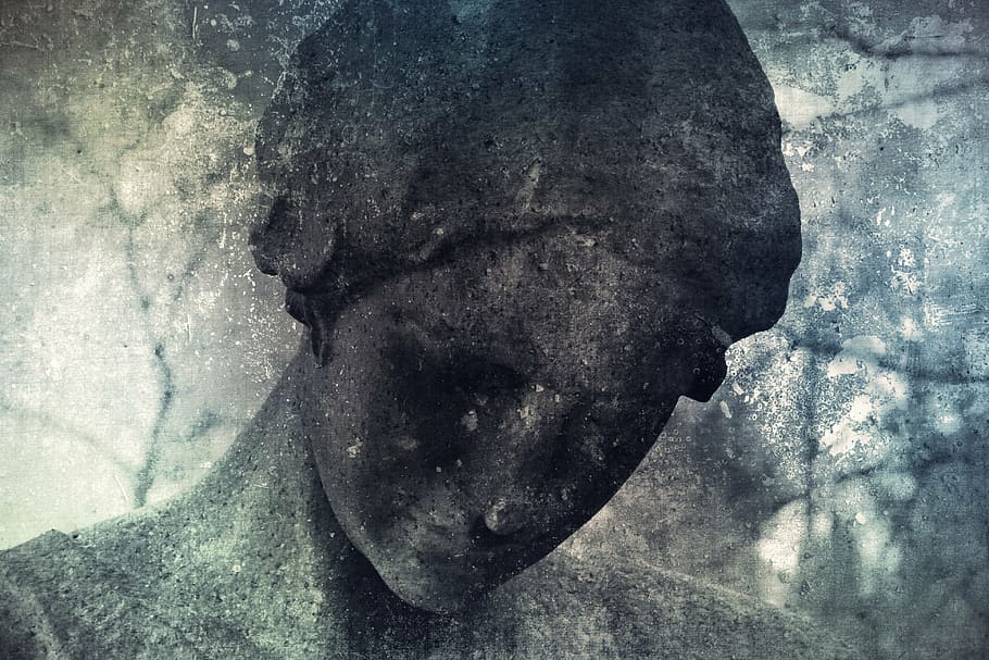 gray, concrete, human, statue, vaguely, face, woman, stone, dark, emotions