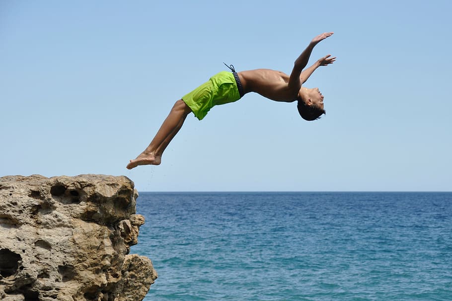 time lapse photography, man, jumping, cliff, diving, tough, boy, swimming, male, teen