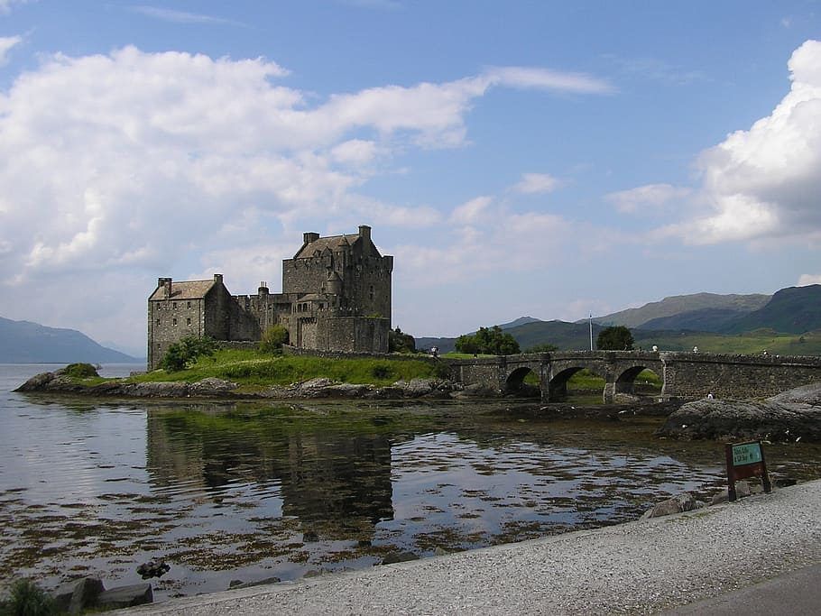 gray, concrete, castle, body, water, eilean donan, scotland, loch, highlands, landmark