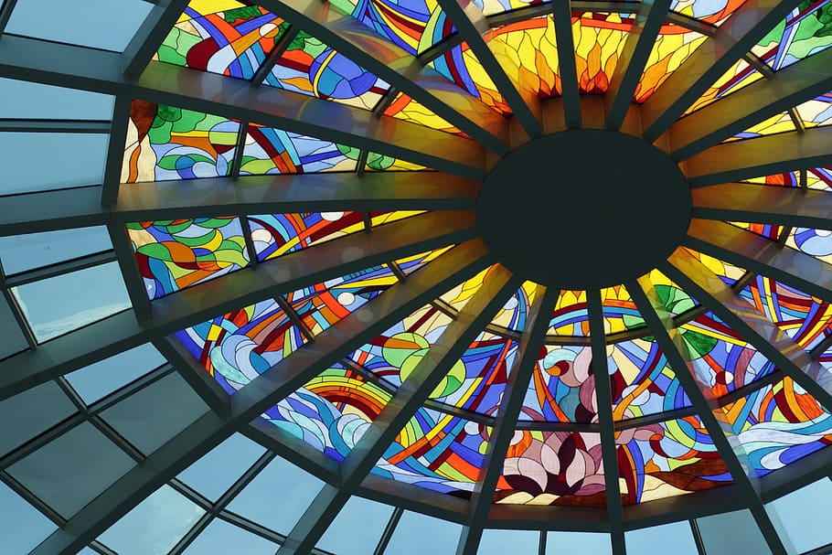 assorted-color, stained, glass dome, roof top, design, trade, center, architecture, modern, roof