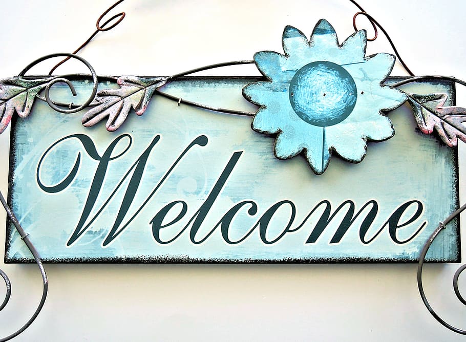 blue, black, welcome, signage, hanging, wall, painted door sign, metalic art, decor, outdoors