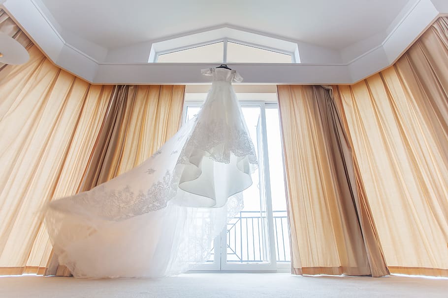 white, wedding gown, window curtain, wedding dresses, wedding dress, married, indoors, curtain, window, fashion