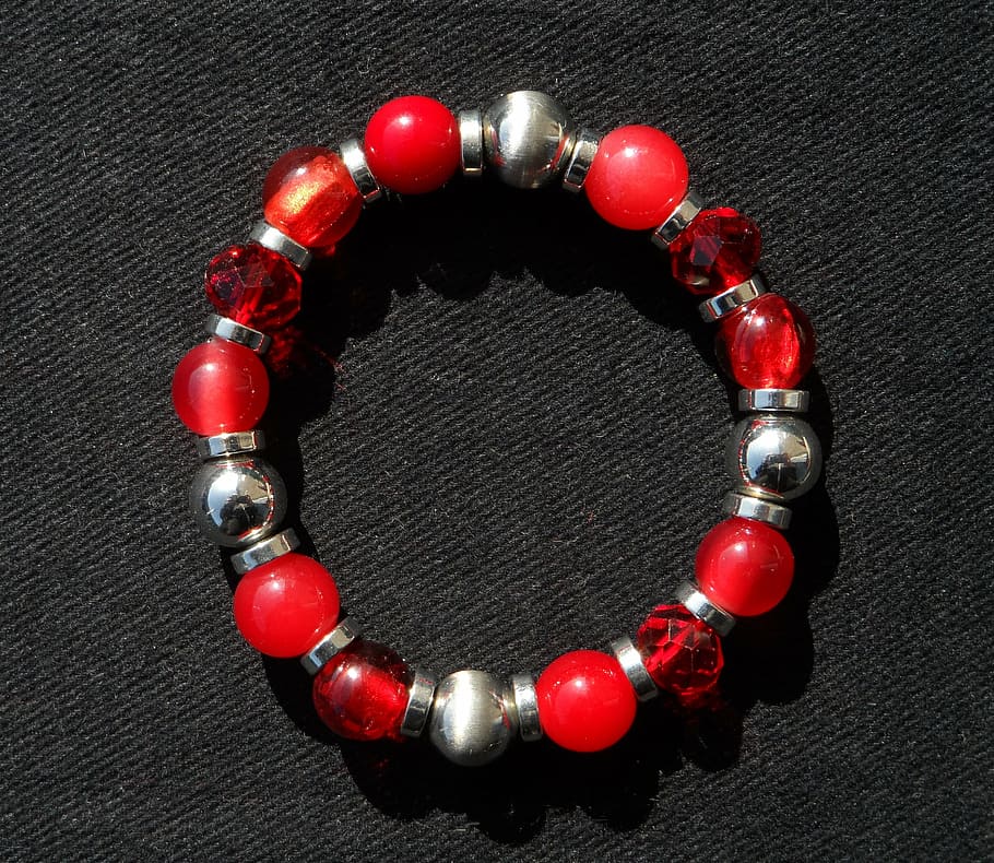 beaded, red, gray, bracelet, beads, jewellery, sparkling, noble, silver, light red iridescent