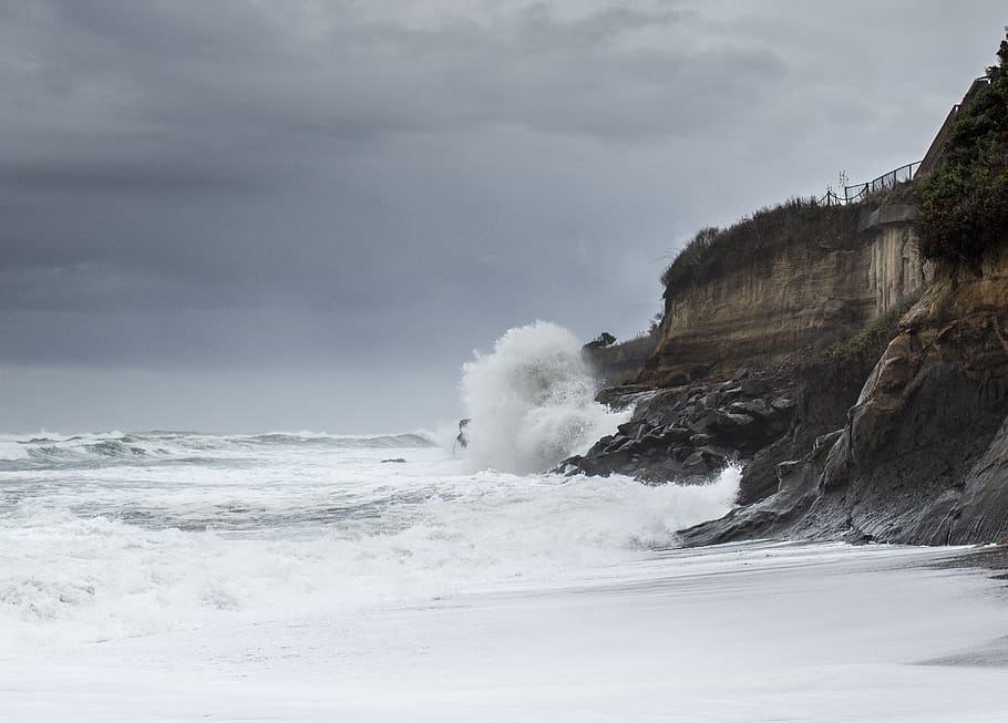 waves, crashing, rocks, coast, shore, cliff, beach, water, storm, tide