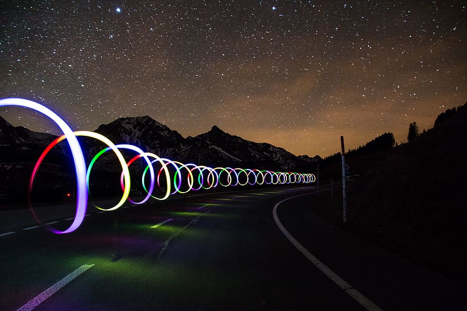time lapse, road, spiral lights, light graffiti, slow down take it easy, drive slowly, starry sky, sky, long exposure, city