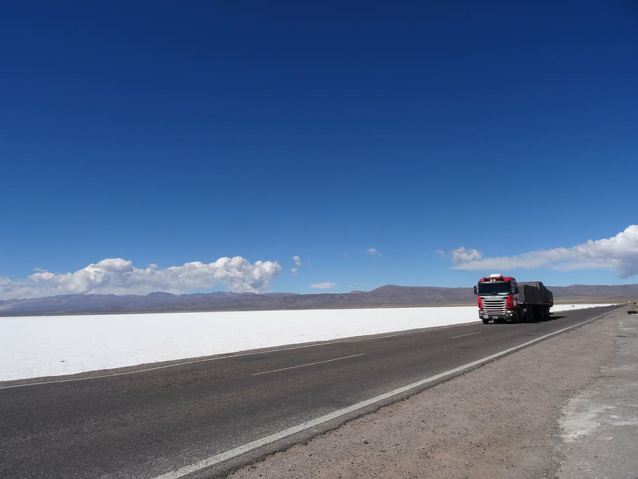 camión rojo, minas de sal, desierto, camión, paisaje, sal, argentina, jujuy, cielo, solución salina