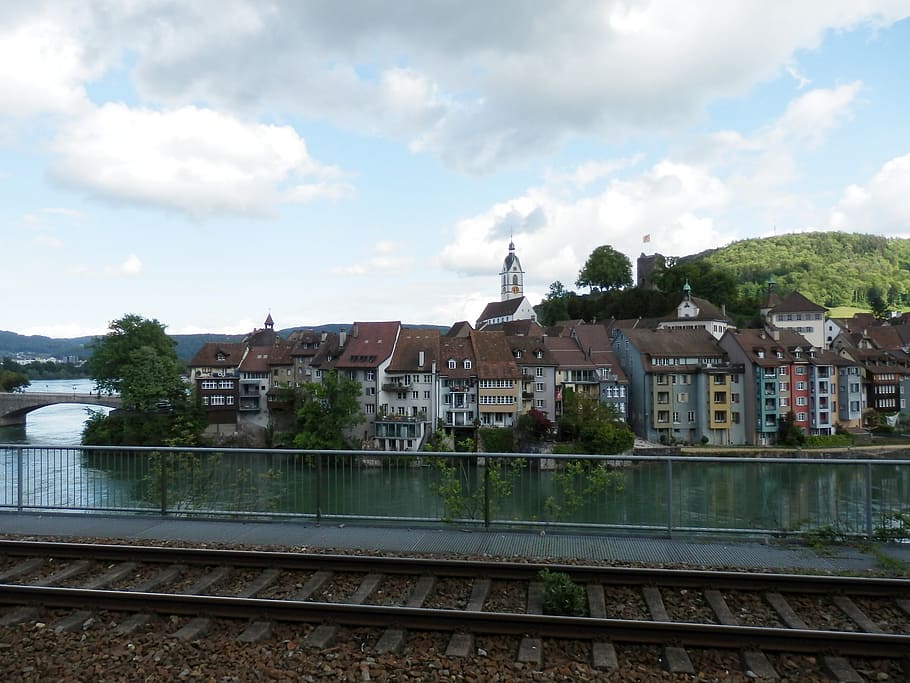 laufenburg, rhine, high rhine, rheinbrücke, railway, seemed, cloud - sky, architecture, rail transportation, building exterior