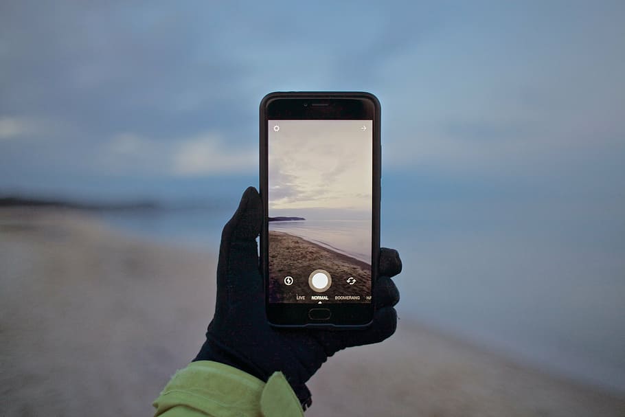 person, taking, seashore, phone, cellphone, apple, iphone, black, nature, technology
