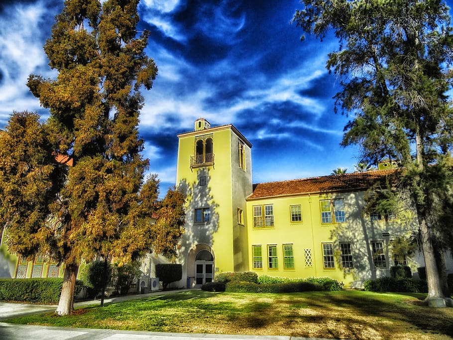 yellow, concrete, house, surrounded, trees, san jose state university, california, classroom building, architecture, education