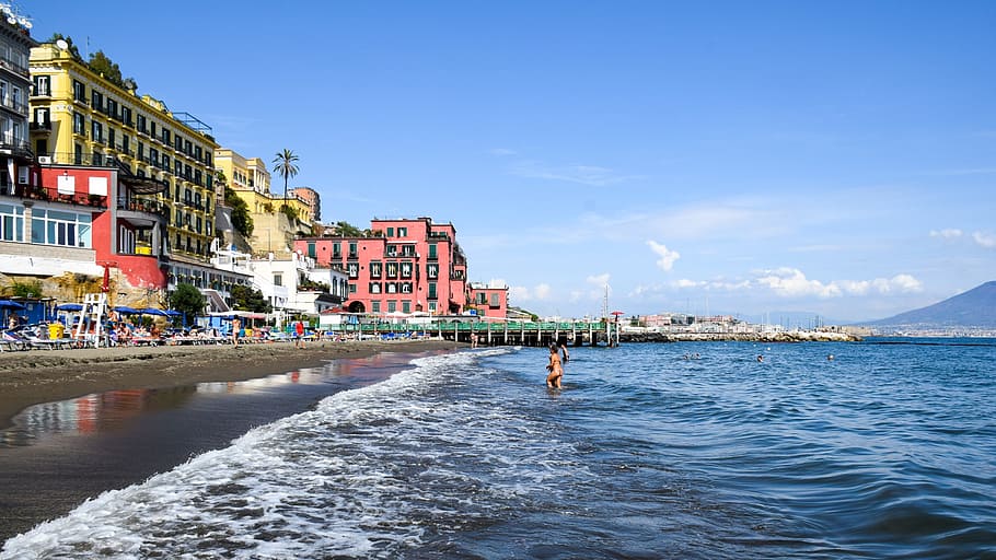 italy, naples, beach, water, sea, wave, holiday, building, architecture, sky