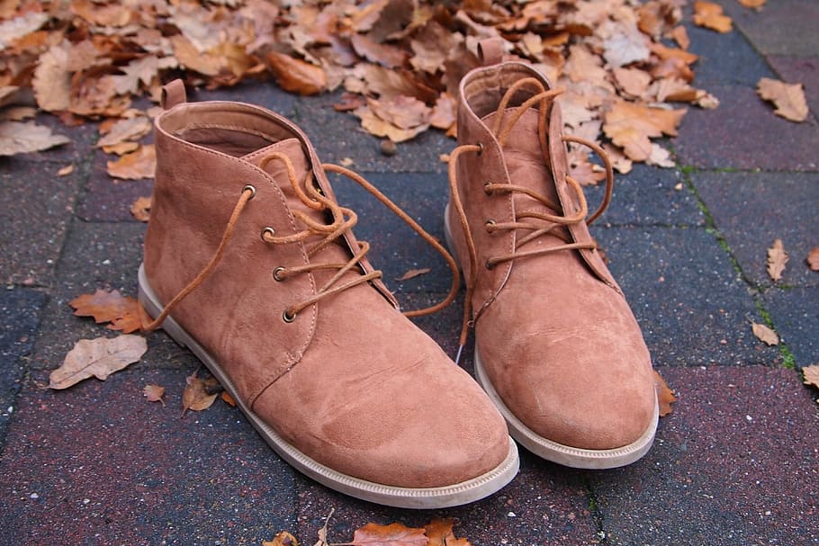 pair, brown, suede high-top sneakers, gray, concrete, pavement, shoe, boots, feet, winter fashion