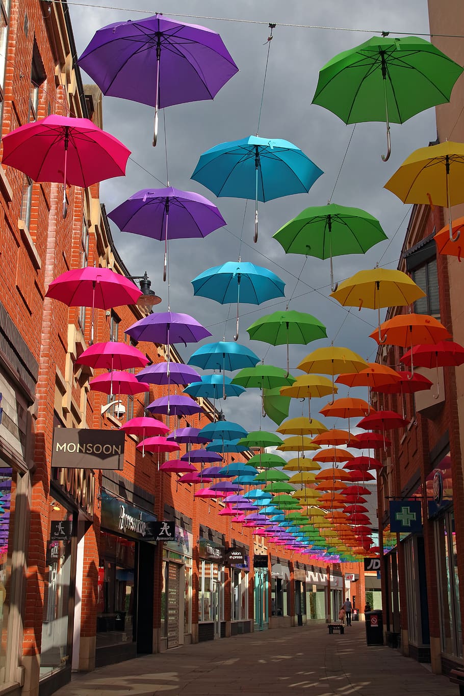 durham, modern art, umbrellas, city, prince bishop's shopping centre, england, pride, rainbow, installation, commercialism