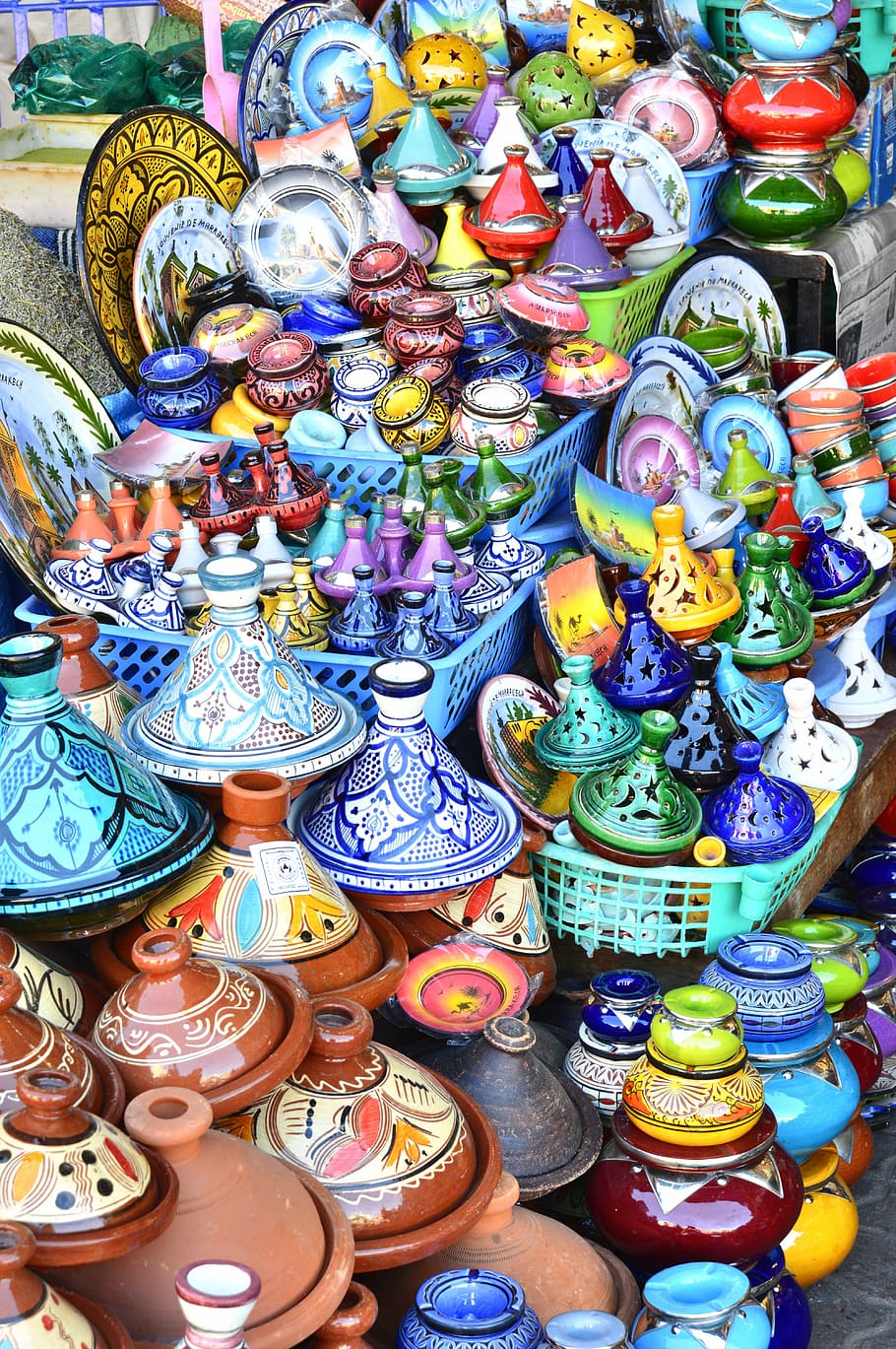 cores sortidas, cerâmica, lote de vaso, marrocos, marraquexe, áfrica, marroquino, culinária, árabe, tradicional