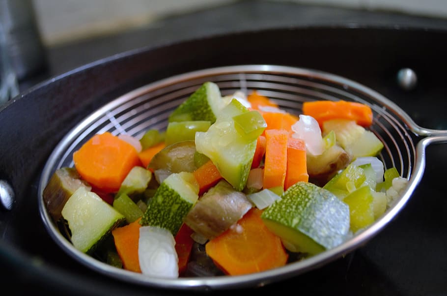 vegetables dish, gray, strainer, Boiled, Vegetables, Blanch, Chopped, veggies, sieve, cooking