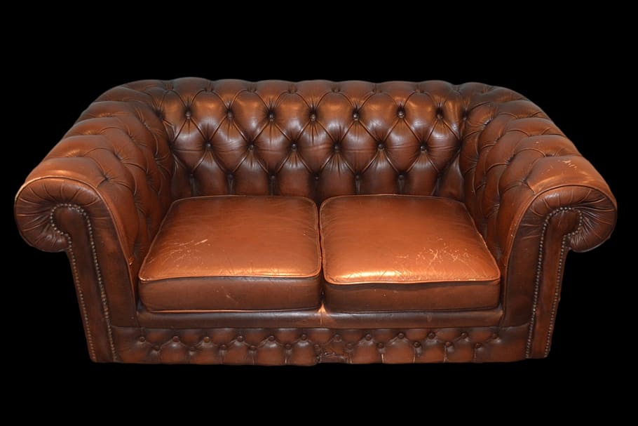 brown, leather chesterfield loveseat, seat, leather seat, armchair, brown seat, bench, studio shot, indoors, black background