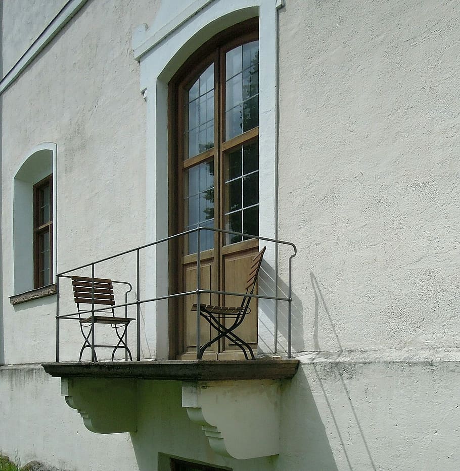 Balcony, Architecture, Facade, Building, wall, door, sitting chairs, window, building exterior, reflection