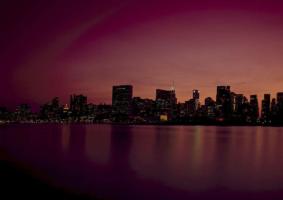 foto de silueta, edificios, nueva york, horizonte, anochecer, manhattan, urbano, ciudad, paisaje urbano, río