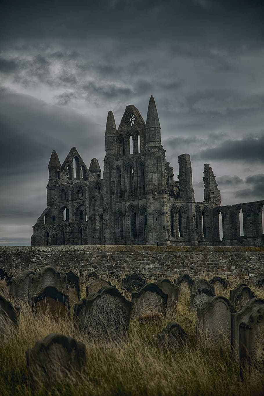 회색 콘크리트 성, 고딕, 대사원, whitby, 뱀파이어, 드라큘라, 수도원, 경계표, 영국, 요크셔