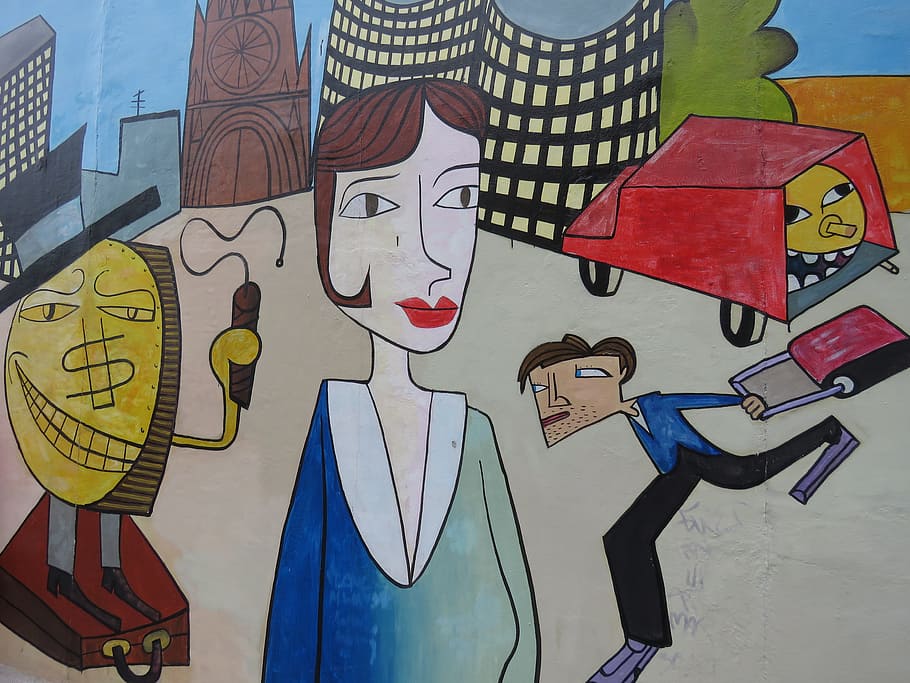 woman, man, east, side, gallery, berlin, berlin wall, graffiti, art, structures