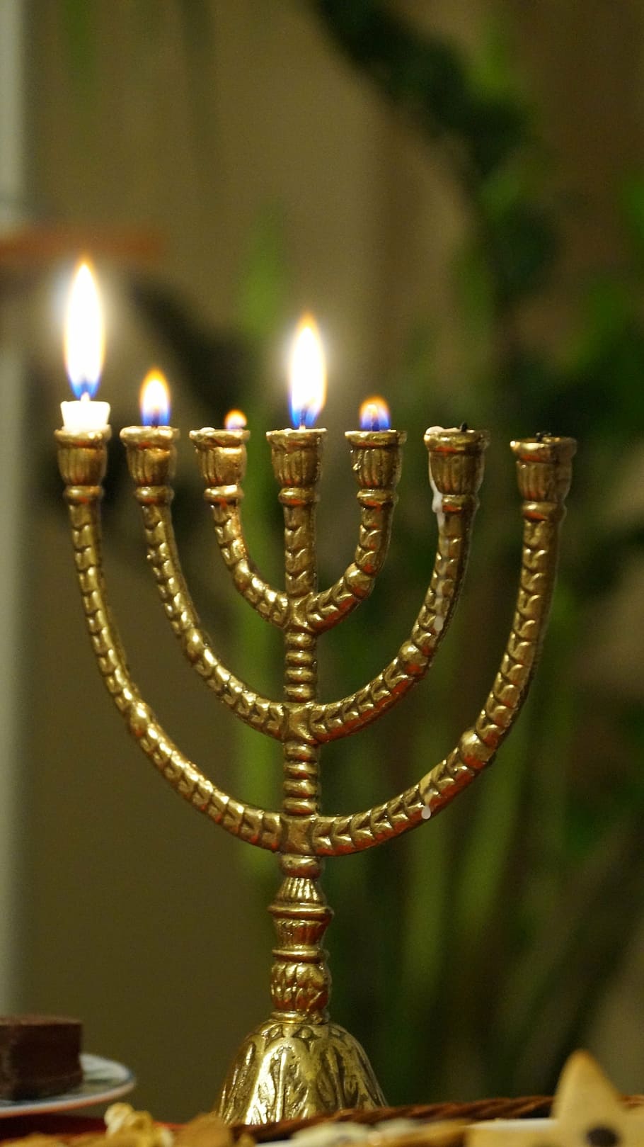 gold-colored hanuka candle, four, lighted, menorah, burning, jewish, candle, bible, light, christian