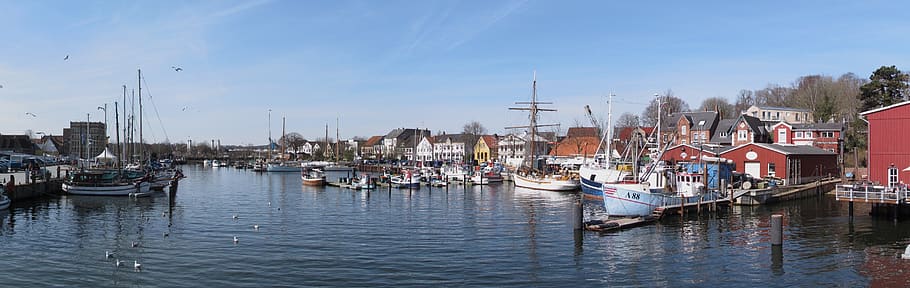 waters, panorama, panoramic image, boat, port, eckernförde, baltic sea, sea, dock, fishing boats