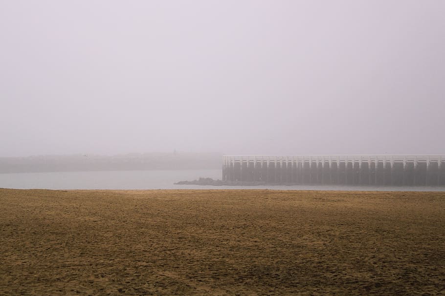 fog, northsea, pier, walk, leisure, sand, jetty, ocean, sea, water