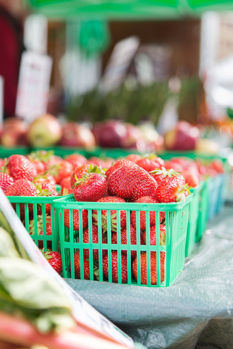 cesta, morangos, closeup, mercado, fresco, bagas, fruta, vermelho, orgânico, comida