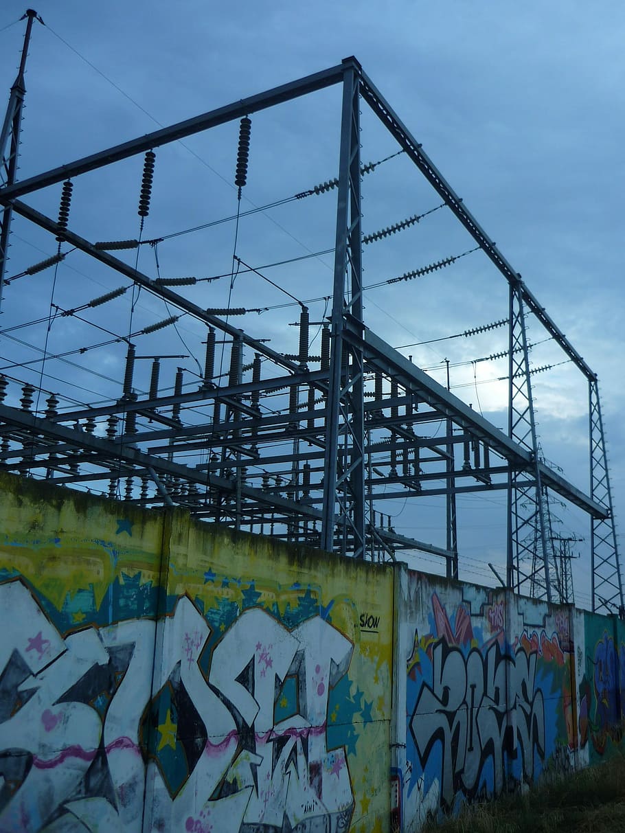 electrical substation, electricity, Electrical Substation, Electricity, energy, supply, wall, graffiti, urban art, turrets, cables