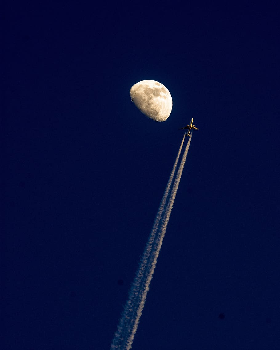lua, avião, céu, aeroporto, meio ambiente, voo, aviação, voador, viagem, trilha de vapor
