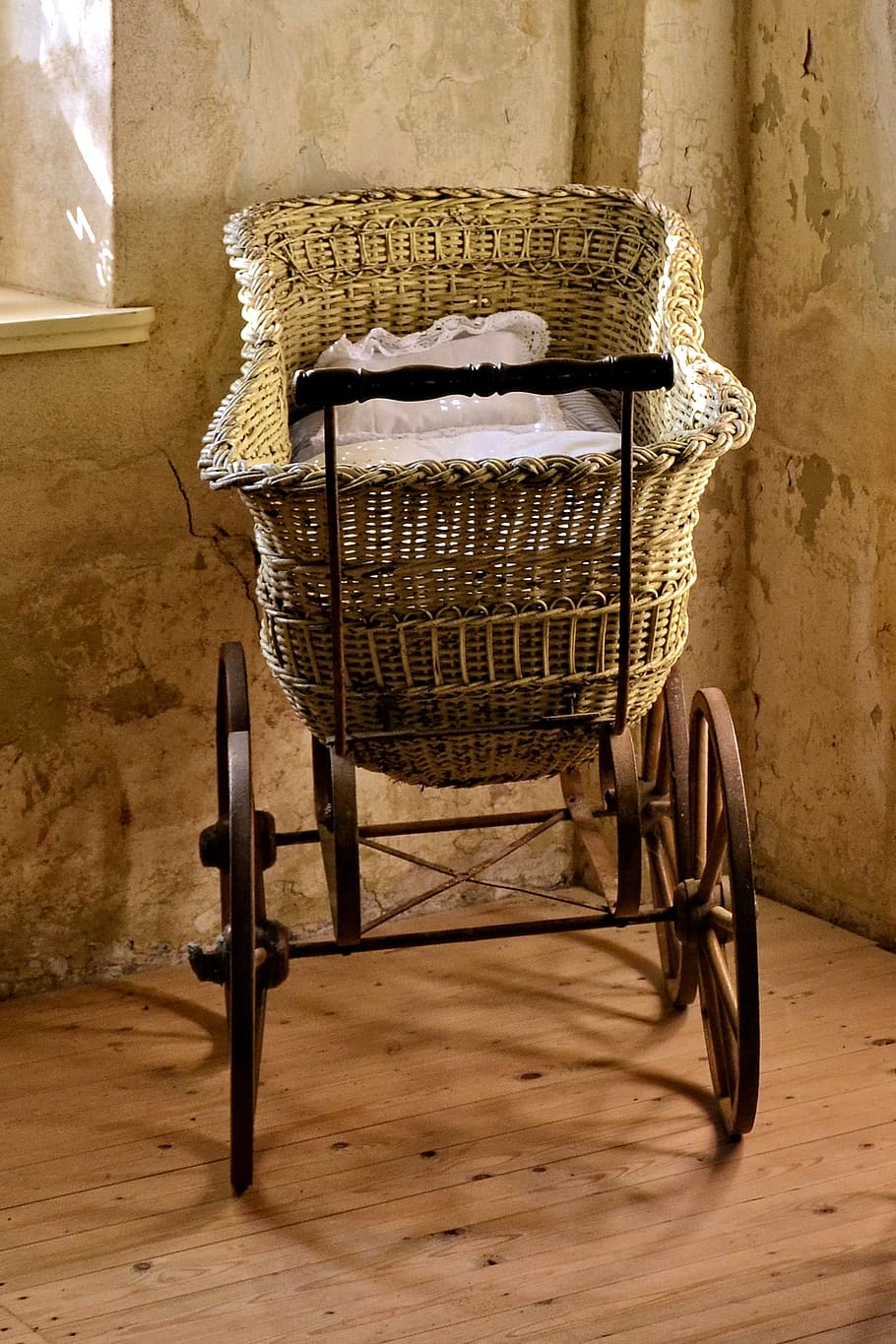 baby carriage, old, historically, bassinet, klöden burg, chair, indoors, wood - material, seat, wall - building feature
