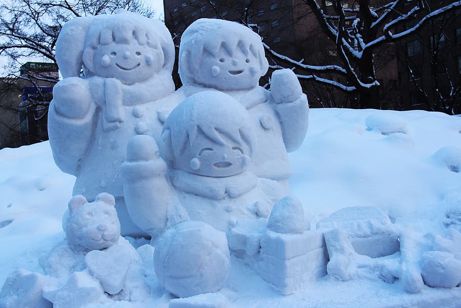 snow carving, snow art, festival, yearly, sculpture, cartoon, amazing, beautiful, winter, cold