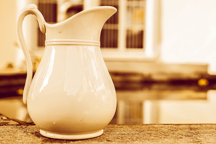 krug, jarro de água, esmaltado, branco, fonte, fonte da vila, água, recipiente, navio, vaso