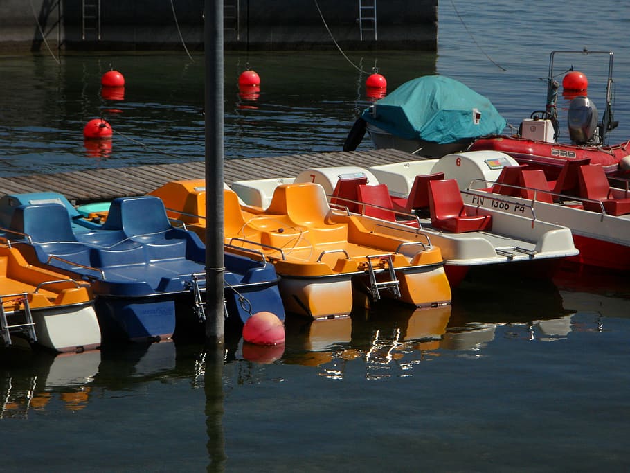 pedal boats, pedal boat, pedal boat rentals, color, lake constance, colorful, lined up, series, nautical vessel, transportation