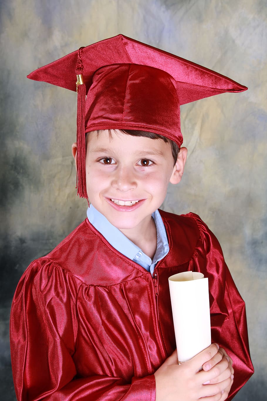 boy, wearing, red, academic, gown, mortar board, graduation, kindergarten graduation, education, kindergarten