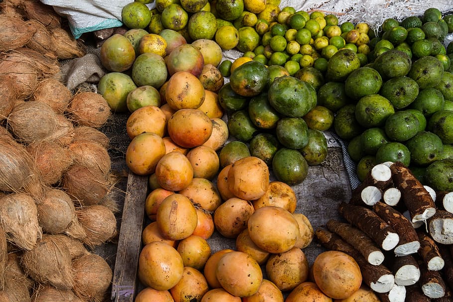 paquete, cocos, aguacates, limas, mercado, mombasa, frutas, verduras, salas de mercado, compras