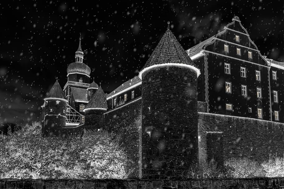 night, winter, snow, dark, snowfall, castle, historically, wintry, fortress, würzburg