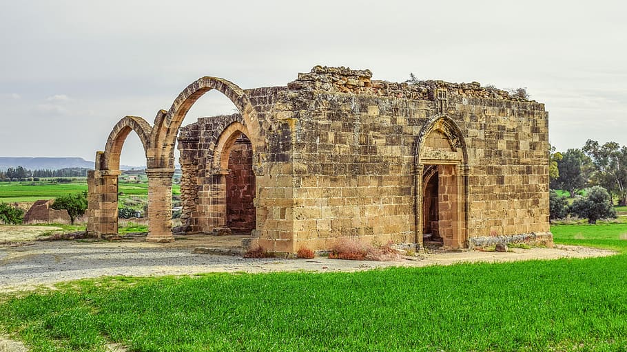 brown, building, grass field, cyprus, ayios sozomenos, church, gothic, 15th century, village, abandoned