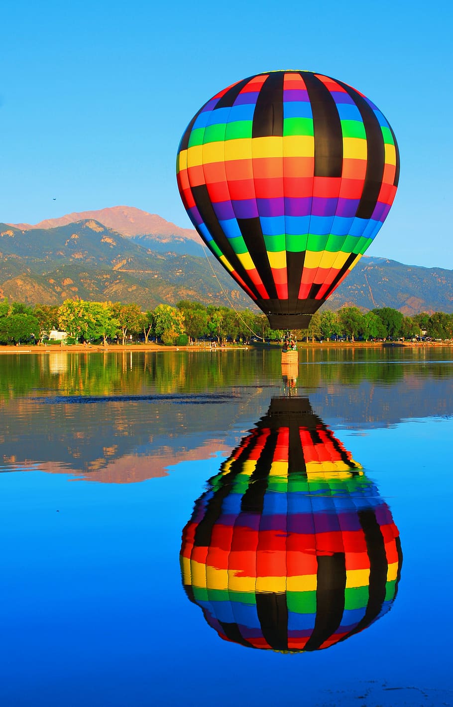 hot, air balloon, body, water, reflection, pikes peak, mountain, colorado, memorial park, balloon