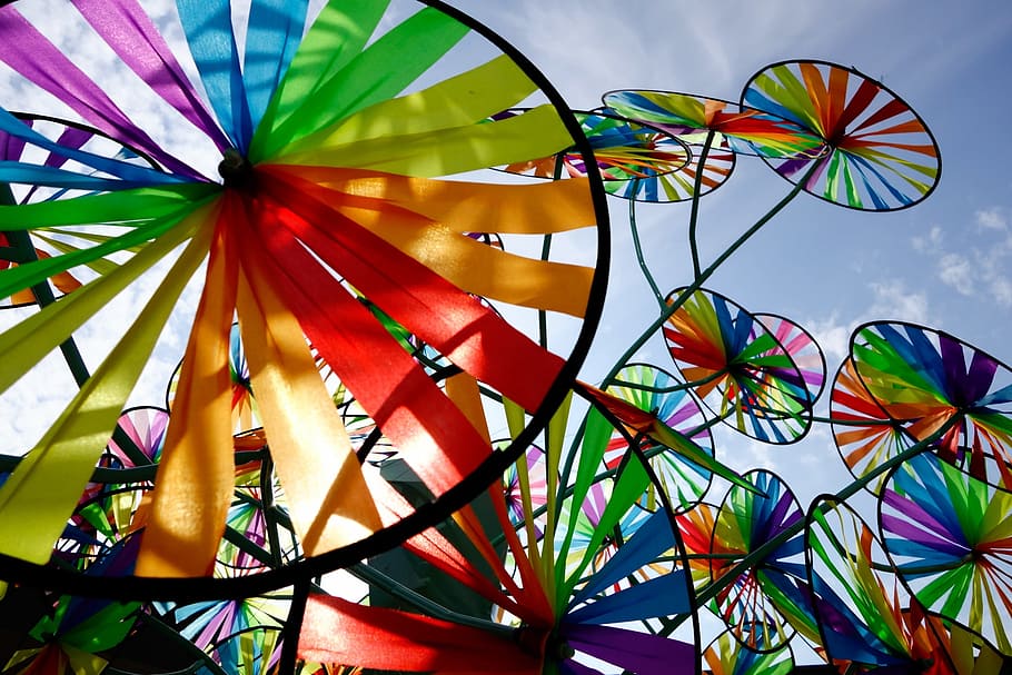 black, multicolored, pinwheels, pinwheel, wind, sky, colorful, windmill, joy, multi colored