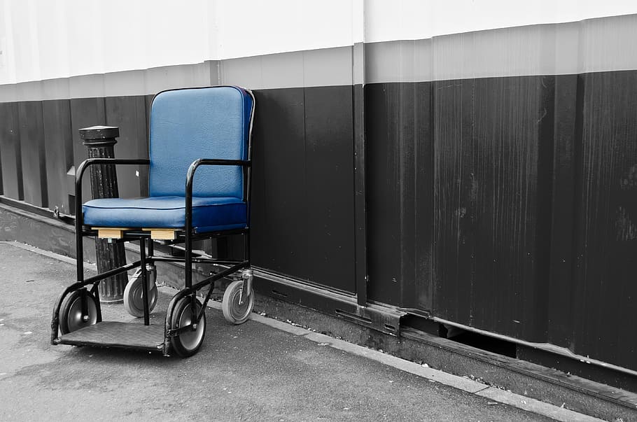 空, 青, 黒, トランジット車椅子, 椅子, 車椅子, 障害者, 支援, シンボル, 慈善団体