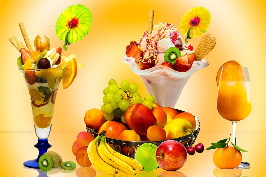 assorted, fruit slices, eat, drink, delicious, summer, frisch, sommerfest, party, ice cream sundae