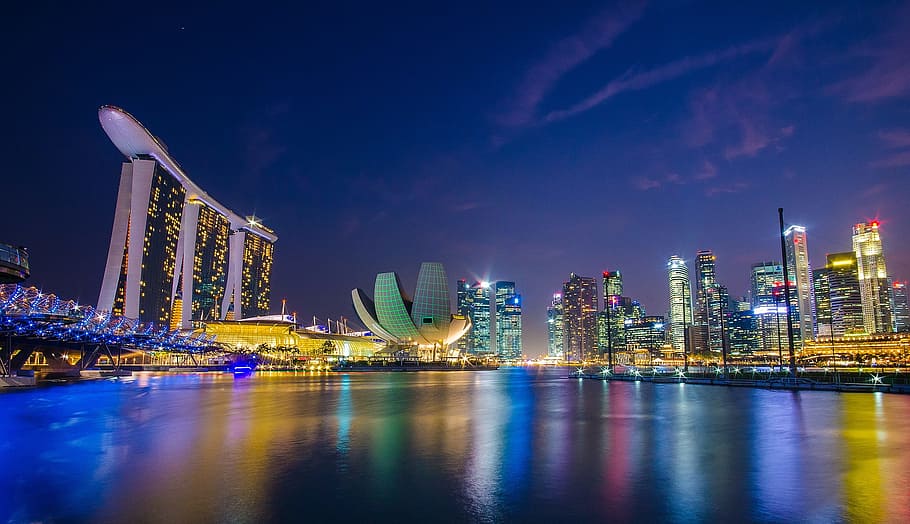 marina bay sands, singapur, marina bay, figura nocturna, mosaico de la ciudad, colores, shock nocturno, marina, turismo, crepúsculo