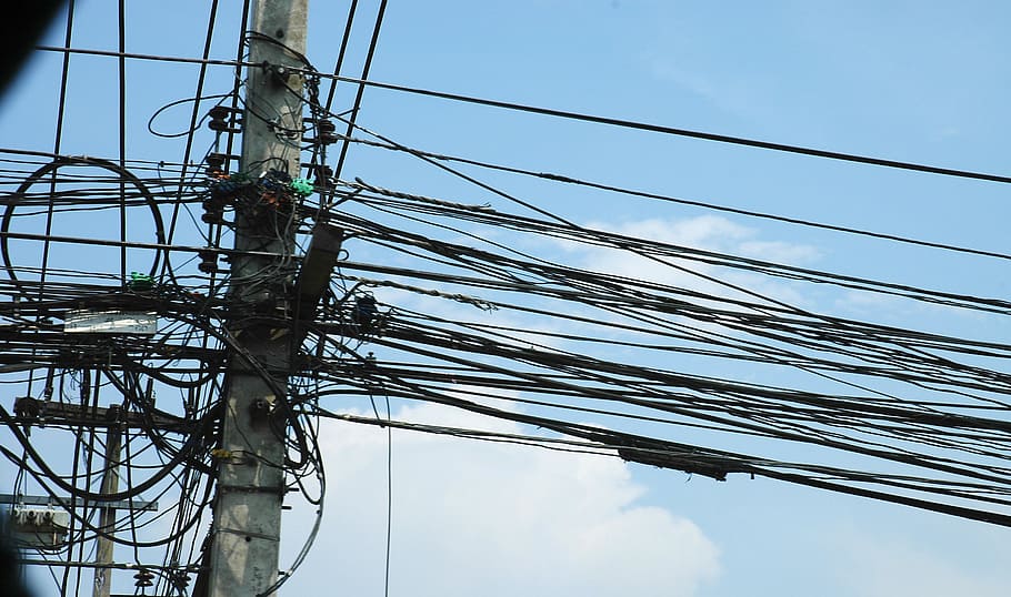 desordem, bangkok, tailândia, cabo, conexão, eletricidade, tecnologia, fonte de alimentação, vista de ângulo baixo, linha de energia