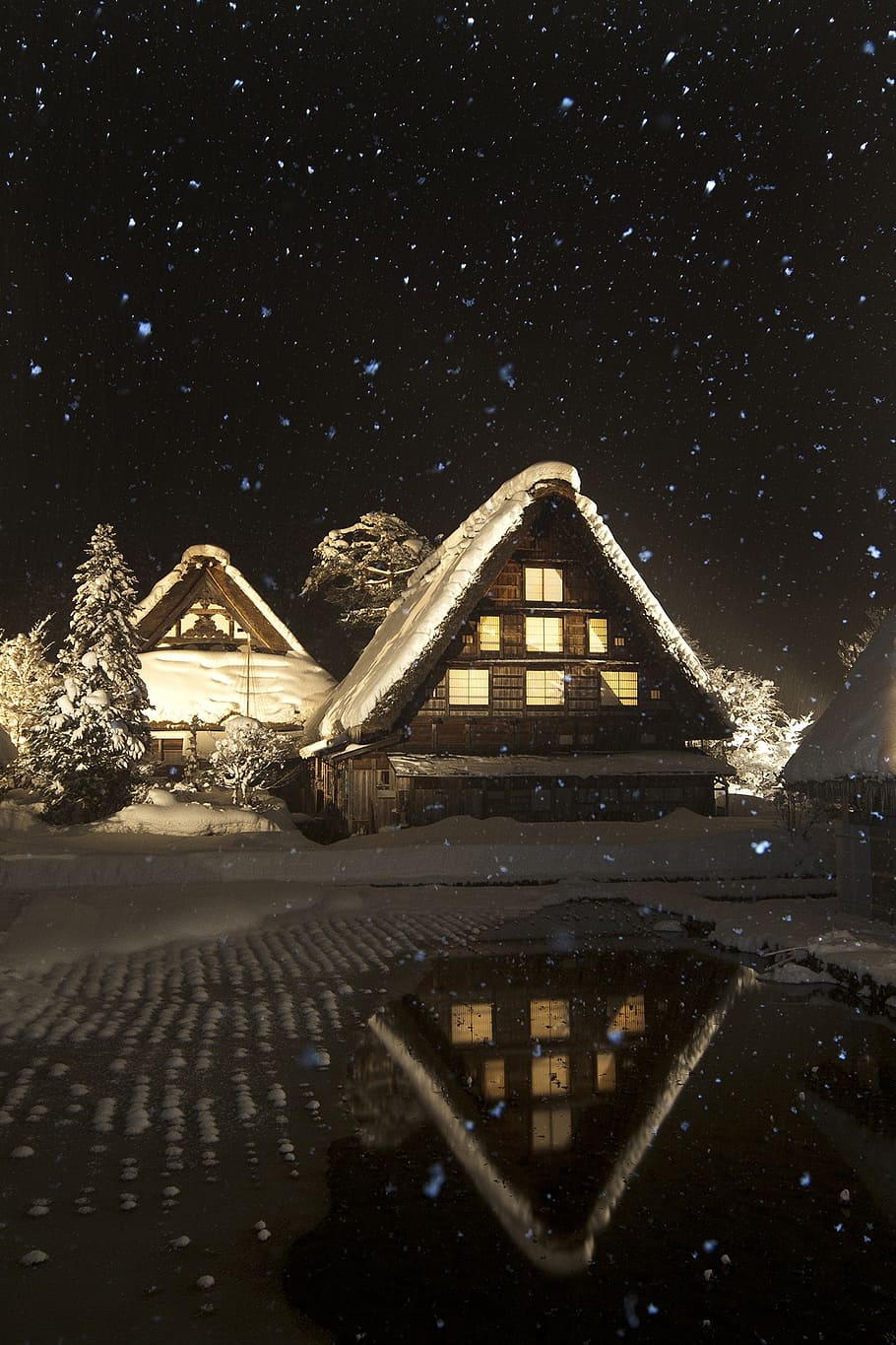 snowy, house, night, snow, shirakawa, nunohneun night, 白 川 鄕, home, night view, winter