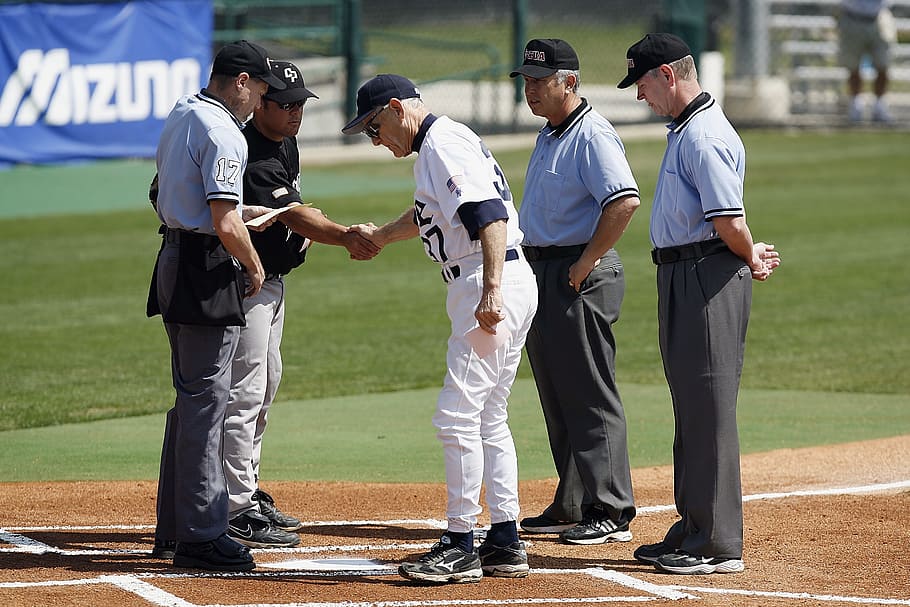 baseball, umpires, coaches, meeting, pre-game, ground rules, game, home plate, athletics, competition