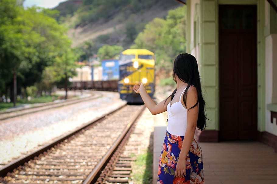 woman, standing, railway, trip, train, outdoors, railway line, old, trail, plant