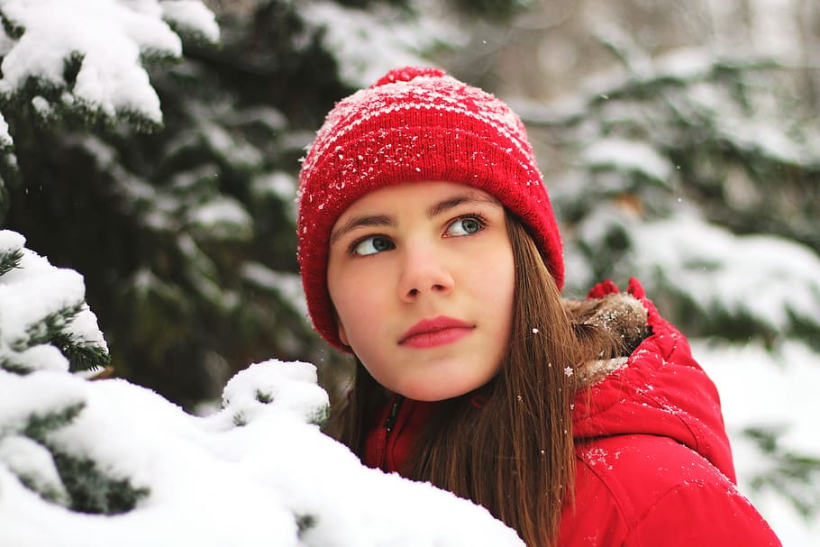 wearing, hat, winter snow, ice, Girl, winter, snow, people, face, lips